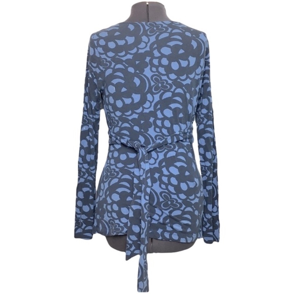 Boden | Blue Graphic Floral Tie Wrap Long Sleeve V-Neck Knit Top, Size UK 10 - Picture 2 of 7